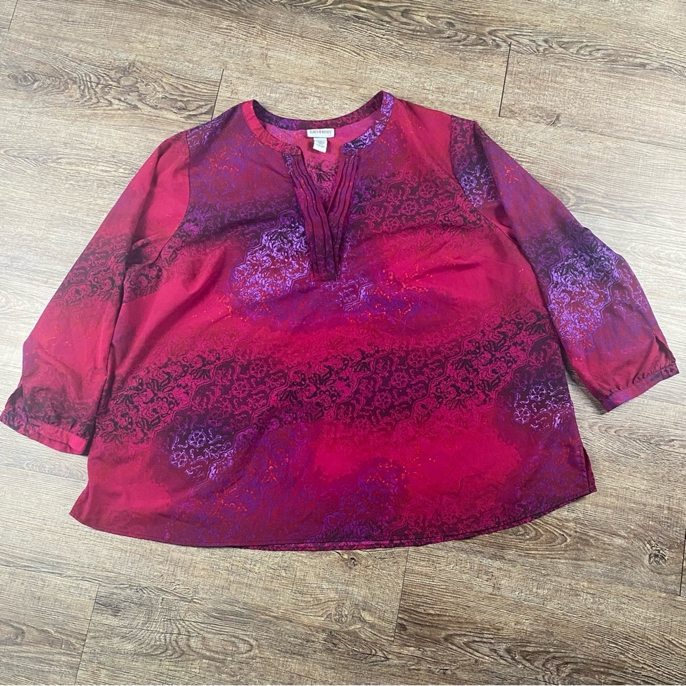 Catherines Shirt Women 3X Pink Black Paisley Print V Neck Abstract Button Sleeve